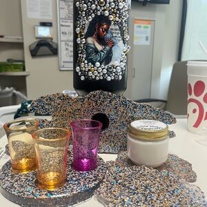 Hand Crafted Glitter Coaster Set with Shot Glasses
